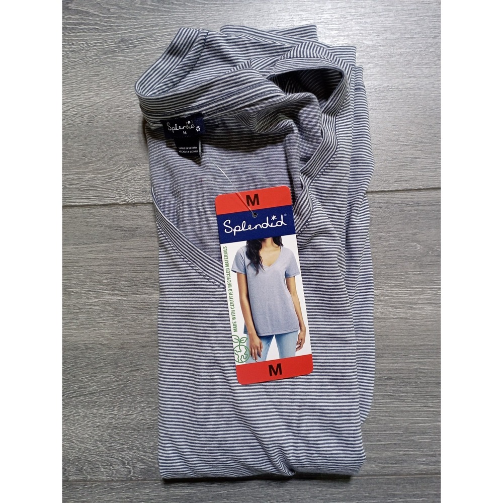 Splendid Tee Shirt Womens Medium Blue Striped V-Neck Short Sleeve